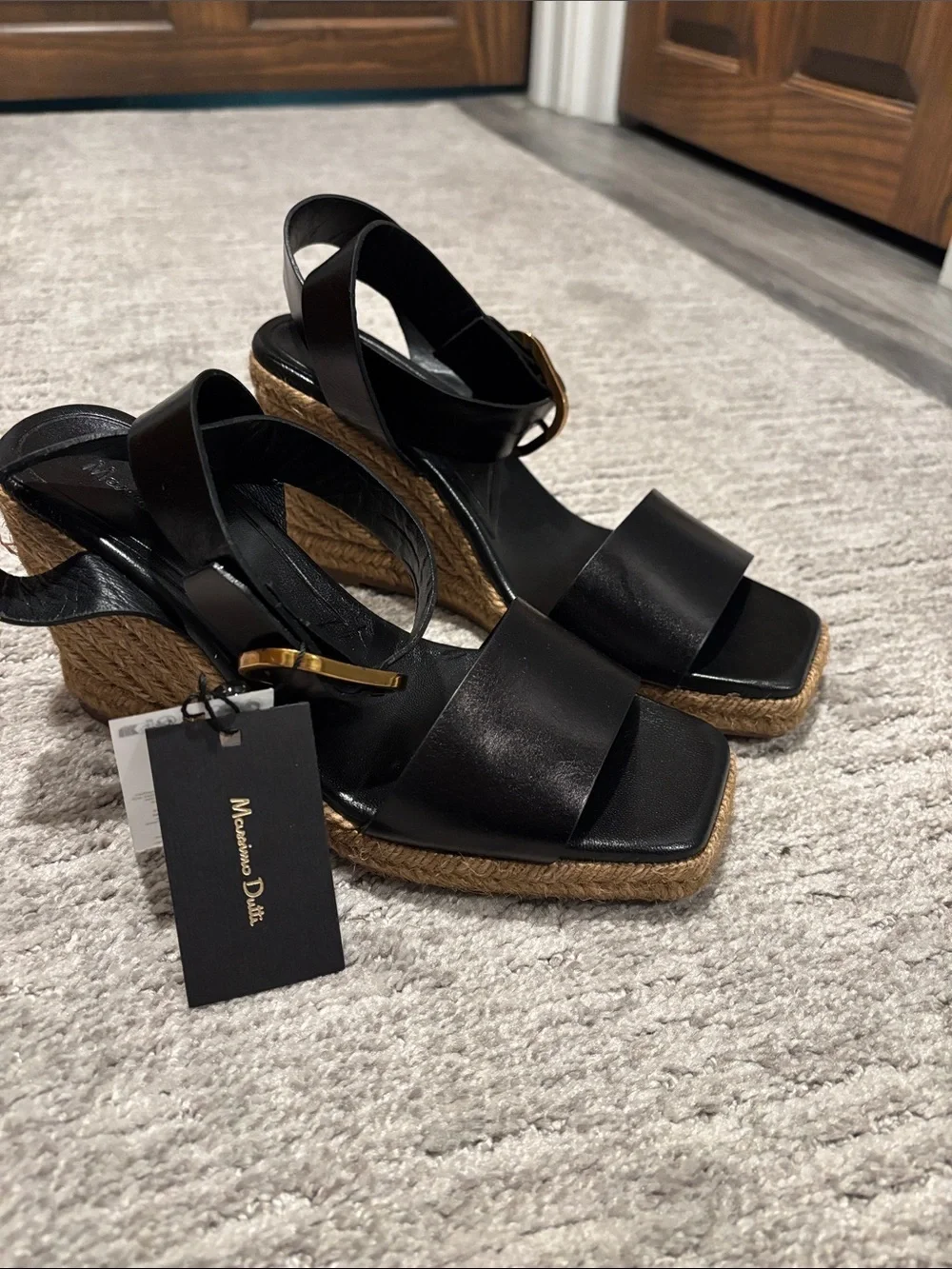 Massimo Dutti Black Leather Espadrille Wedges with Jute  size 10